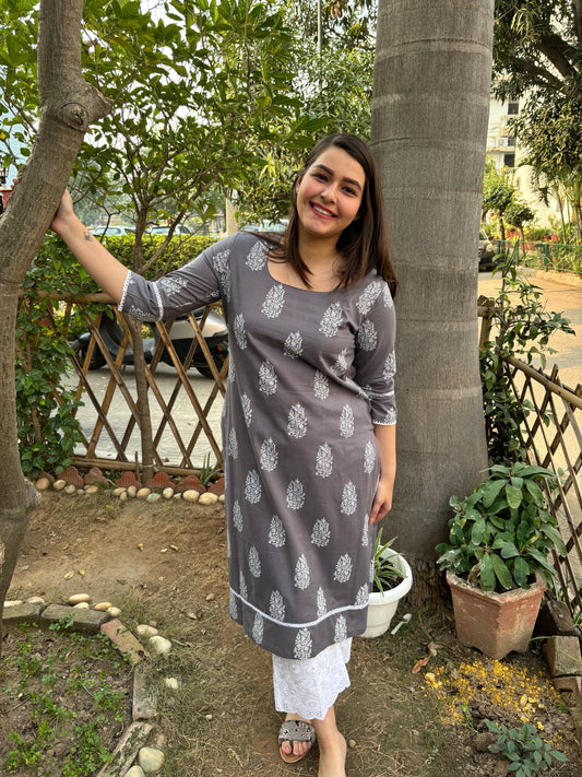 Slate grey Leaf Long  kurta