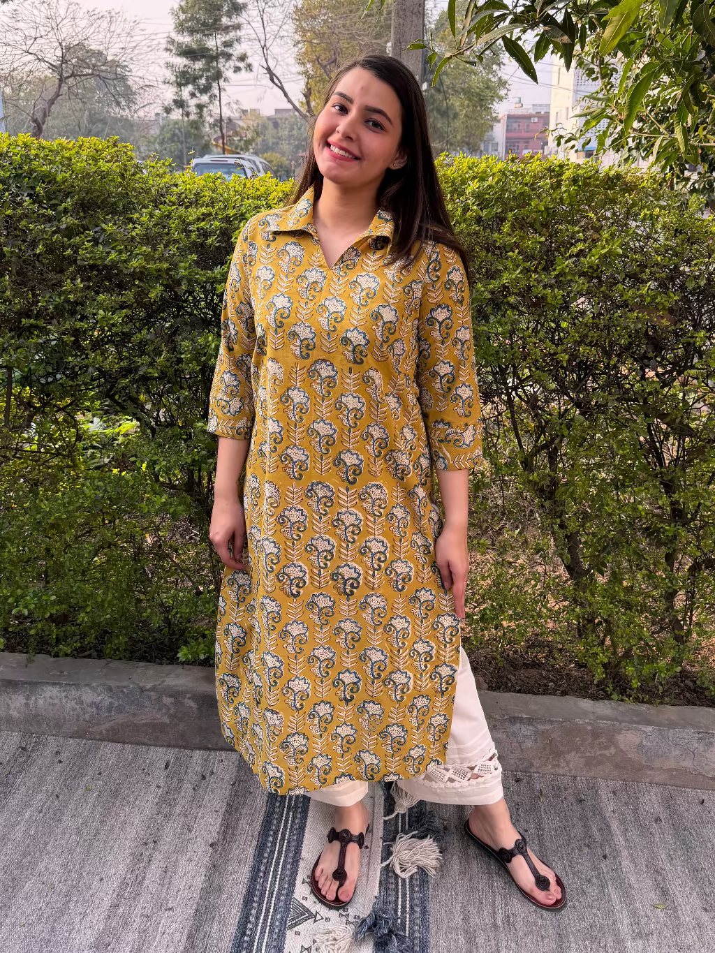 Mustard flower Handblock Kurta by MySanskritam