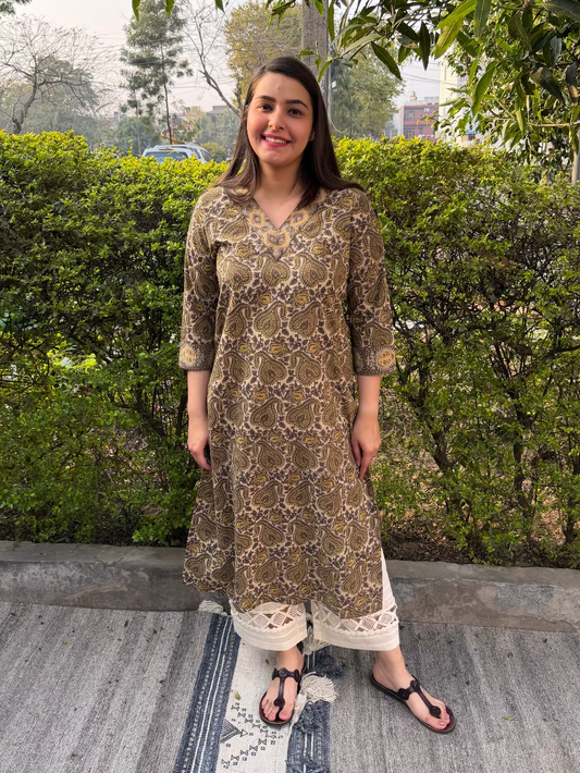 Brown Floral Bagru Kurta by Myanskritam