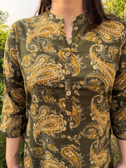 Mehendi Green Ambi Kurta close up by Sanskritam