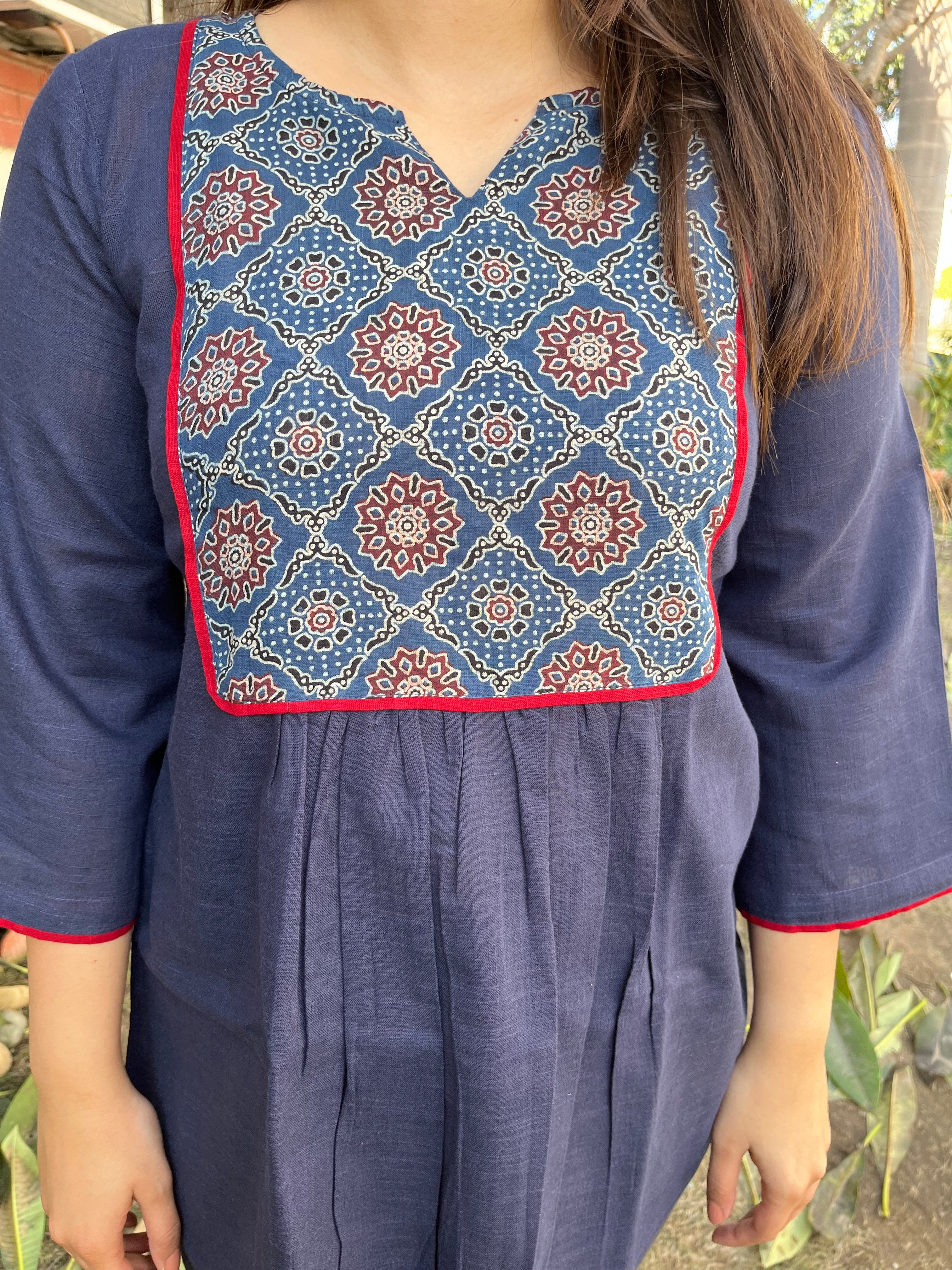 Solid Blue Gather Kurti With Ajrakh Yoke - MYSANSKRITAM