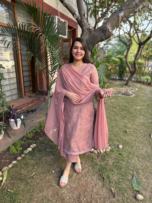 Pastel pink embroidered woollen suit set