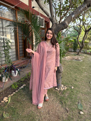 Pastel pink embroidered woollen suit set