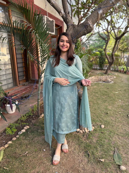 Pista green embroidered woollen suit set