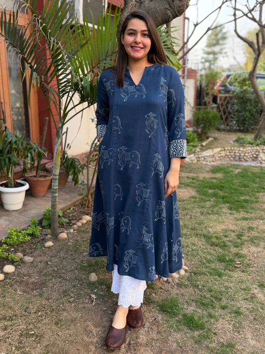 Blue texture elephant aline kurta