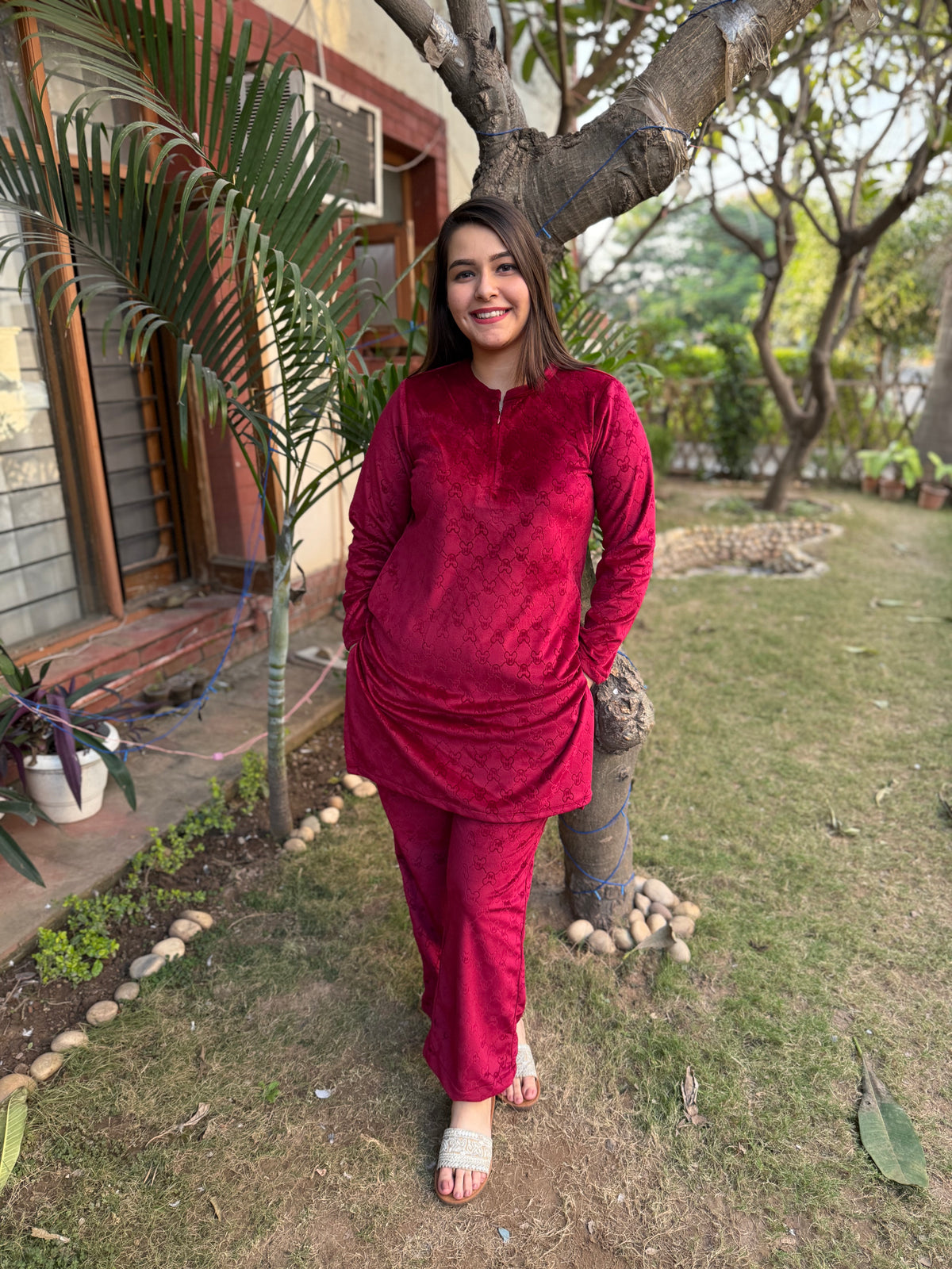 Maroon textured Fleece night-suit