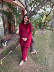 Maroon textured Fleece night-suit