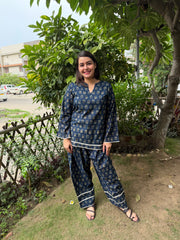 Blue flower kurti with farshi salwar