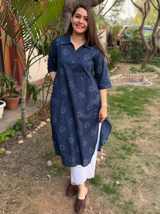 Indigo Geometric Collar Kurta