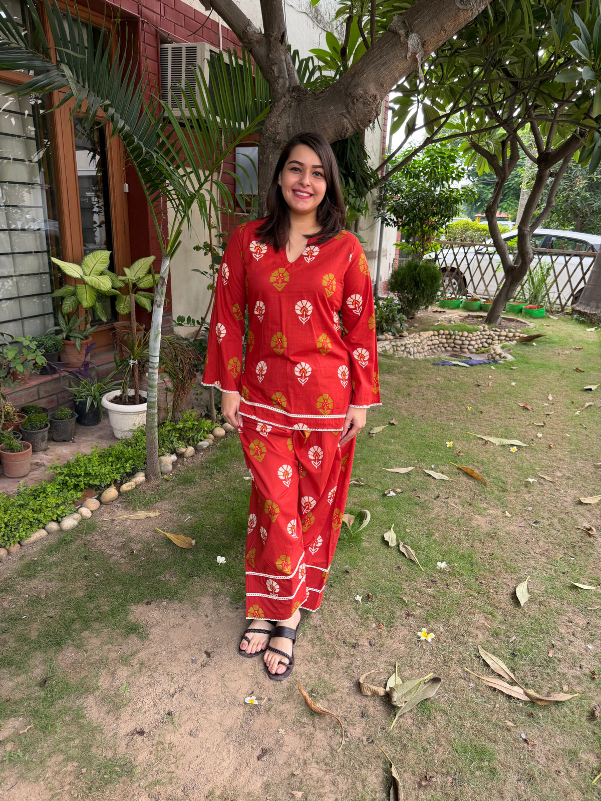 Orange flower kurti with farshi salwar