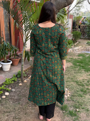 Bottle green leaf handblock aline kurta with pocket