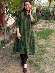 Bottle green leaf handblock aline kurta with pocket