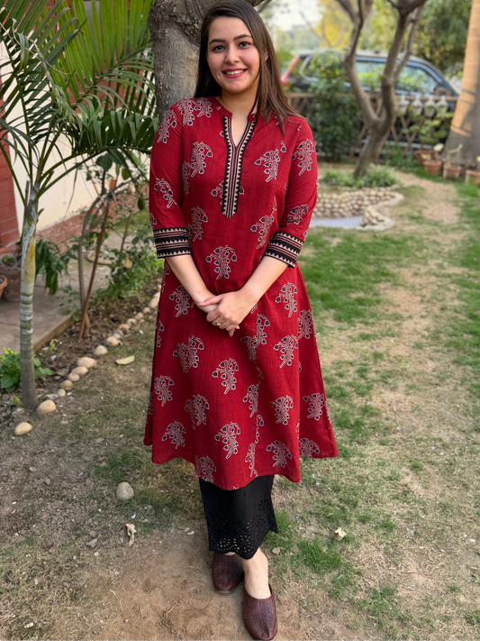 Maroon buta handblock aline kurta with pocket