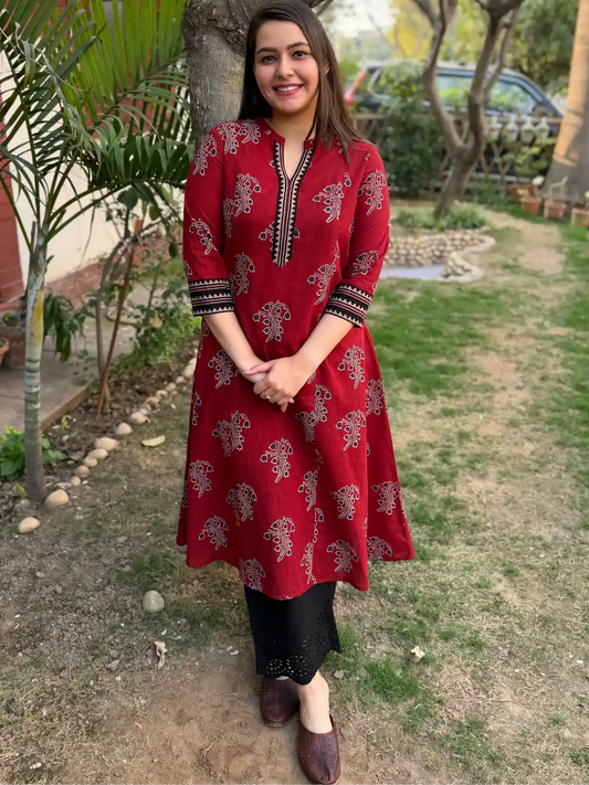 Maroon buta handblock aline kurta with pocket