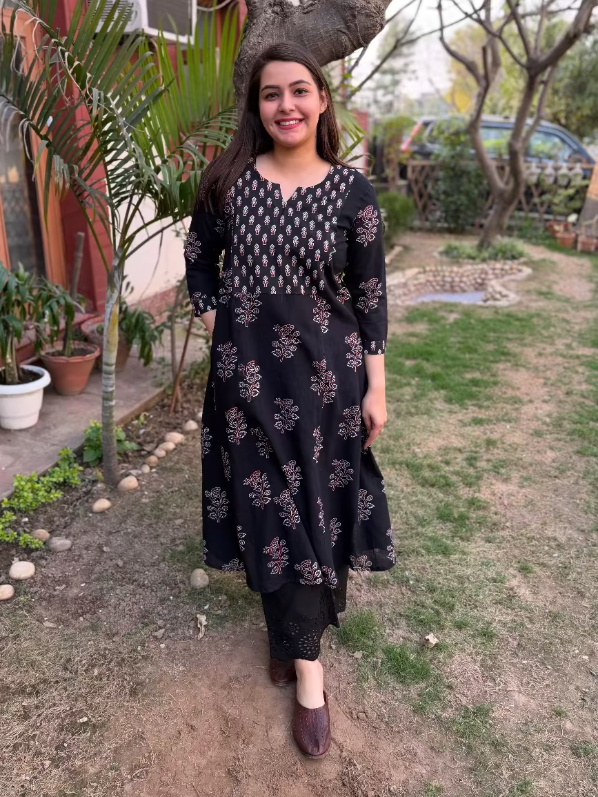 Black Ajrakh Yoke A-line kurta with pocket