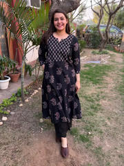 Black Ajrakh Yoke A-line kurta with pocket