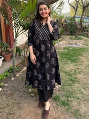 Black Ajrakh Yoke A-line kurta with pocket