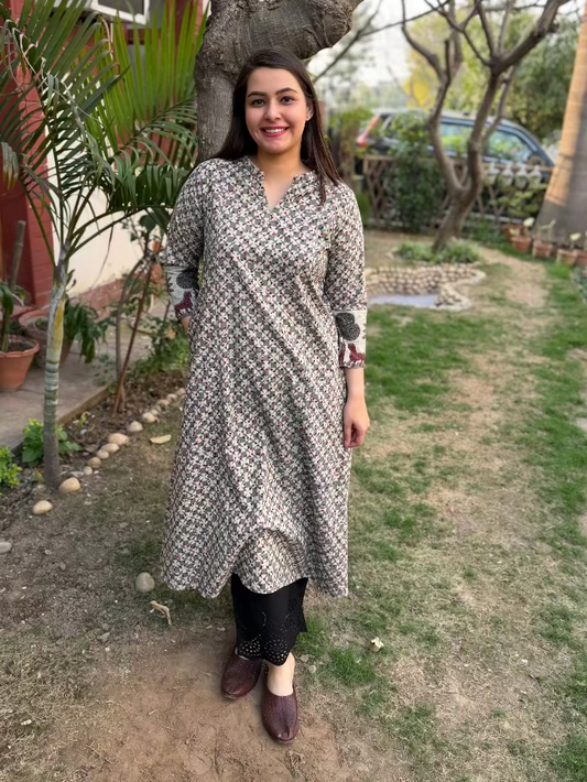 Grey Bagru Aline kurta with Pocket