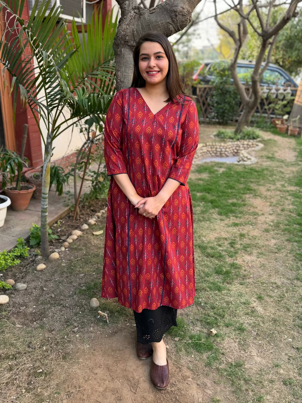 Maroon Geometric Leaf A-line Kurta up close by Sanskritam