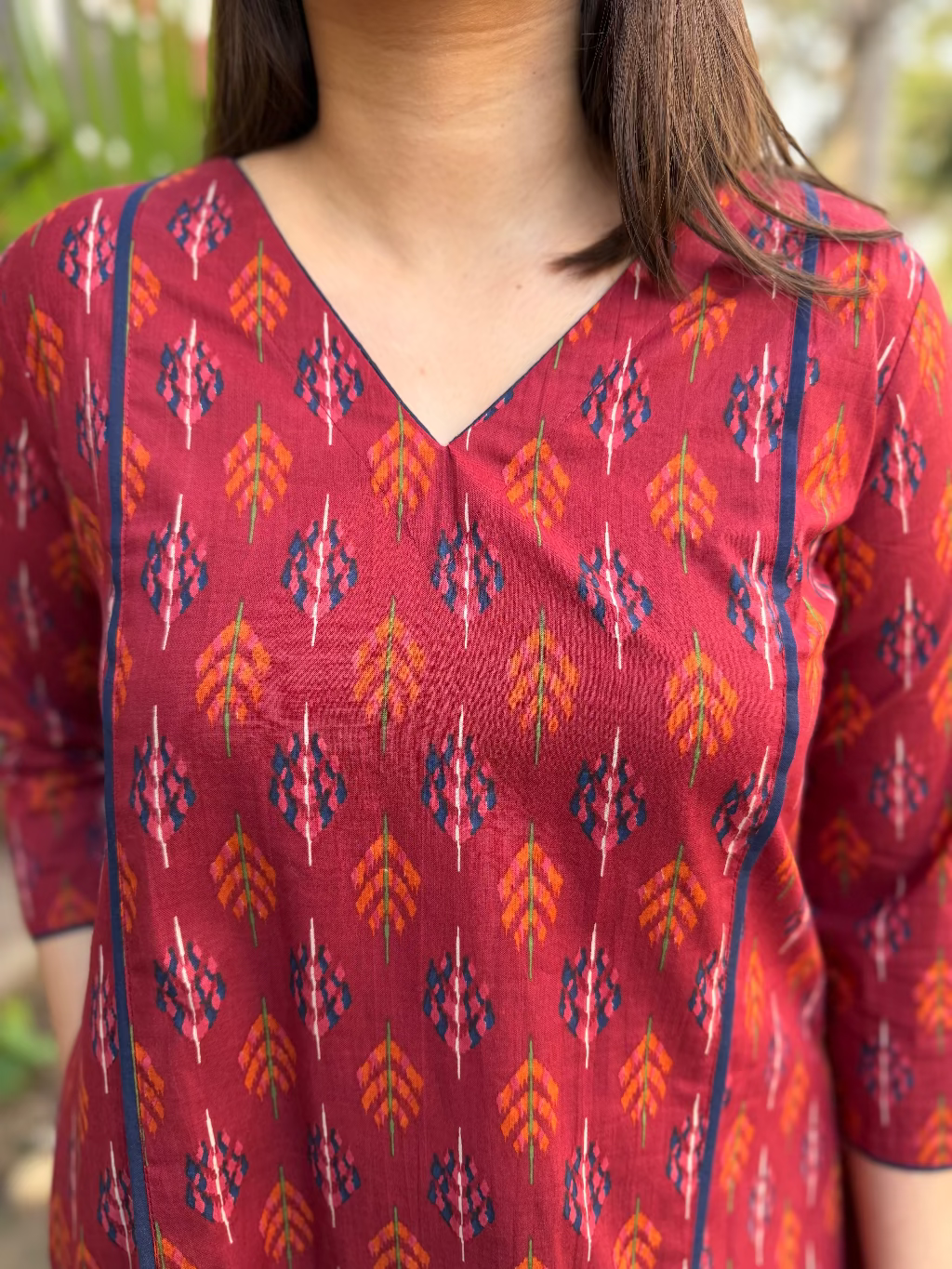Maroon Geometric Leaf A-line Kurta up close by Sanskritam