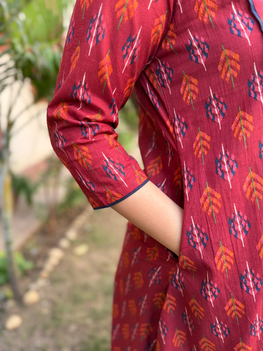 Maroon Geometric Leaf A-line Kurta Pocket by Sanskritam