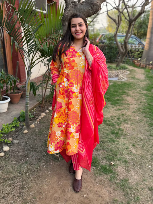 Orange Multi Flower A-line Suit Set by Sanskritam