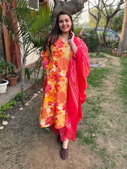 Orange Multi Flower A-line Suit Set by Sanskritam