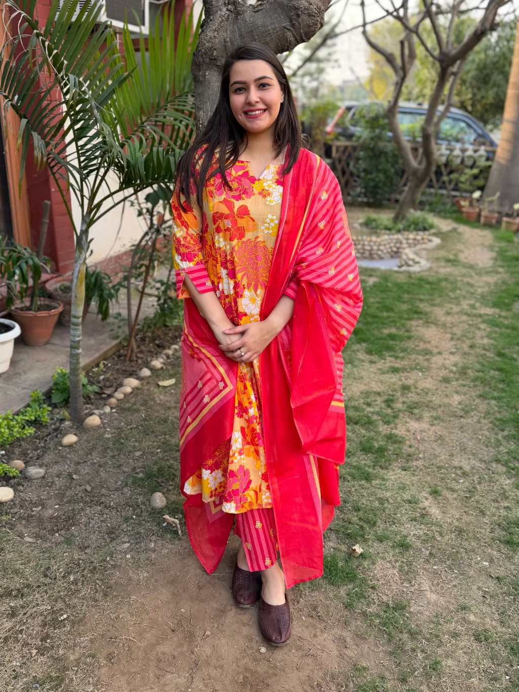 Orange Multi Flower A-line Suit Set by Sanskritam