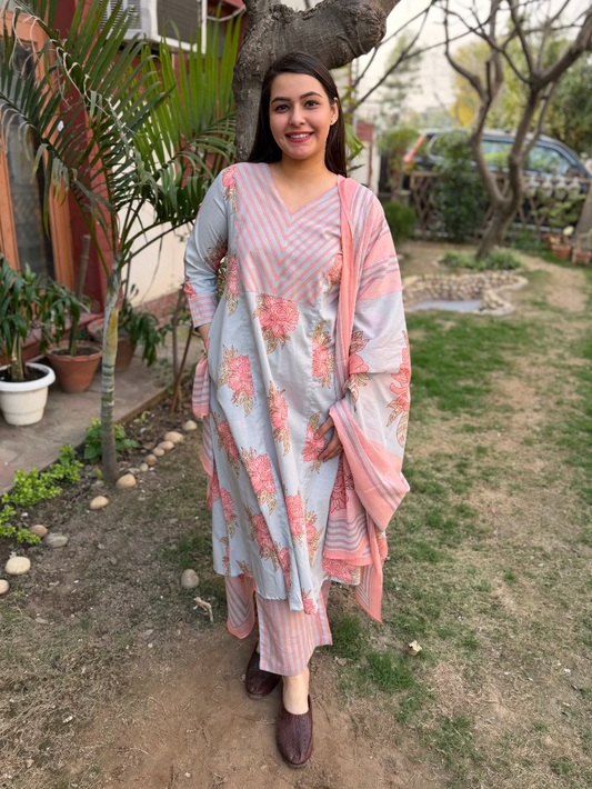 Powder Blue Floral A-line Full Suit Set by MySanskritam