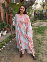 Powder Blue Floral A-line Full Suit Set by MySanskritam