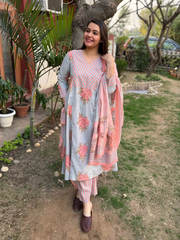 Powder Blue Floral A-line Full Suit Set by MySanskritam