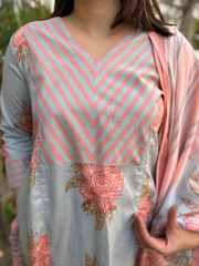 Powder Blue Floral A-line Full Suit Set neck detailing by MySanskritam