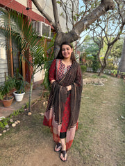 Maroon Handblock printed yoke suit set