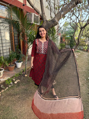 Maroon Handblock printed yoke suit set