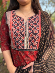 Maroon Handblock printed yoke suit set