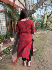 Maroon Handblock printed yoke suit set