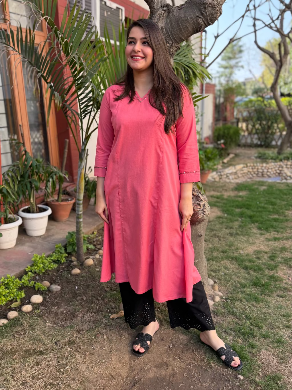 Rose Pink Embroidered Neck A-Line Kurta by Sanskritam