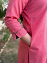 Rose Pink Embroidered Neck A-Line Kurta pocket by Sanskritam