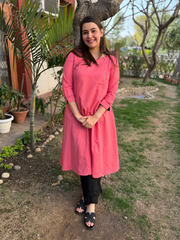 Rose Pink Embroidered Neck A-Line Kurta by Sanskritam