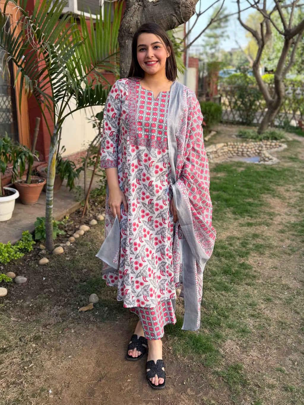 Cherry Print Yoke A-line Suit Set by MySanskritam