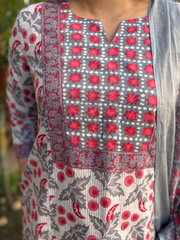Cherry Print Yoke A-line Suit Set neck detailing by MySanskritam