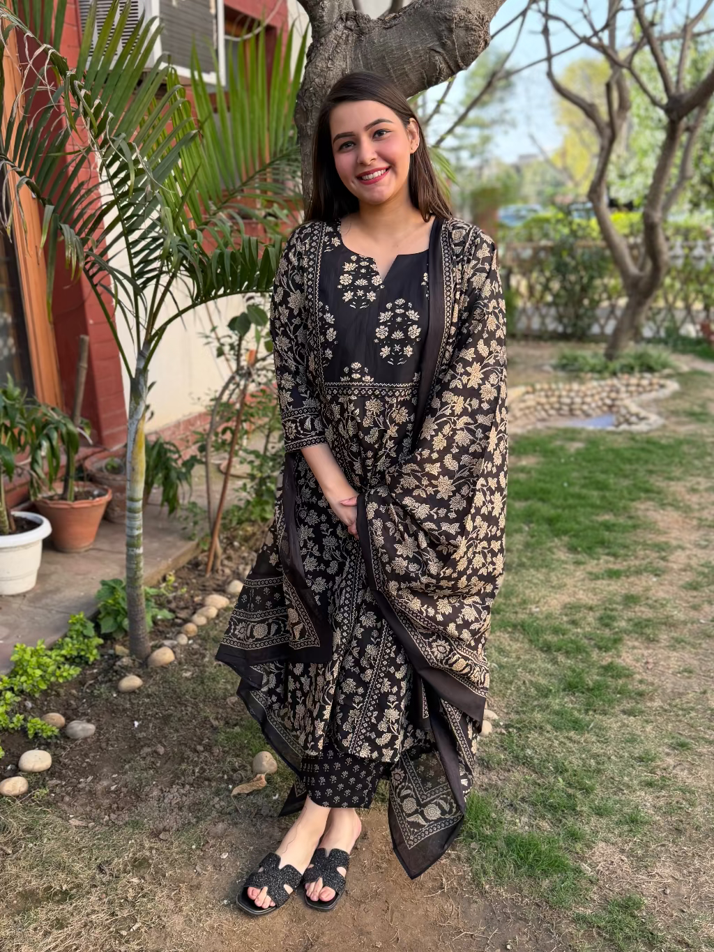 Black Yoke A-line Full Suit Set by Sanskritam