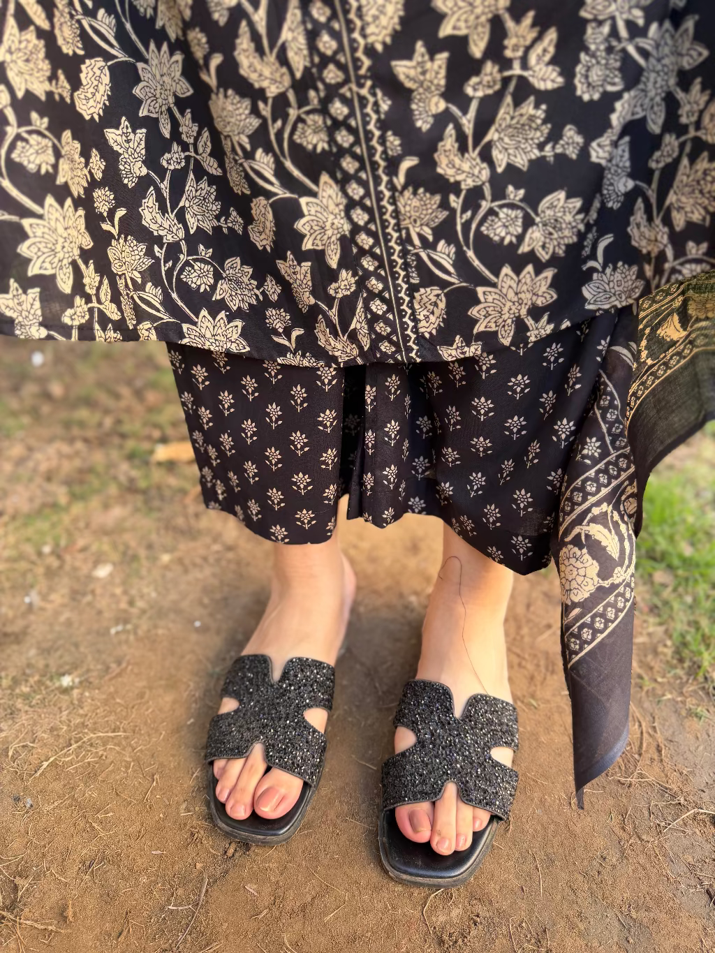 Black Yoke A-line Full Suit Set Pants by Sanskritam