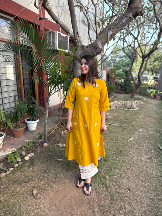 Mustard Heart embroidered Kurta with front pocket