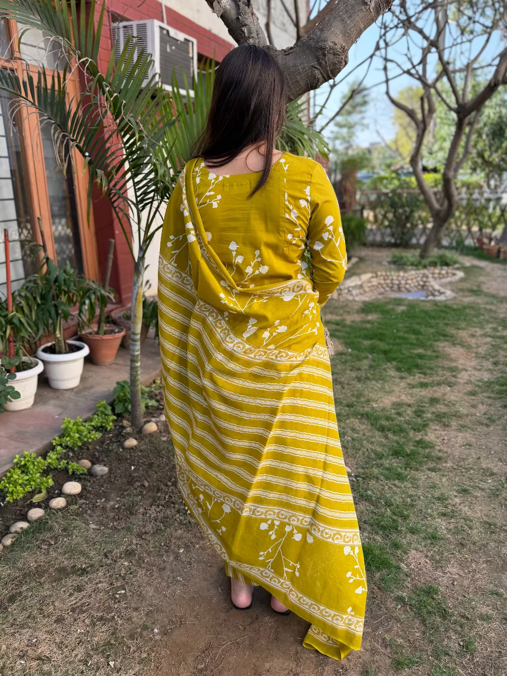 Neon Green Floral A-line Full Suit Set from the back by MySanskritam