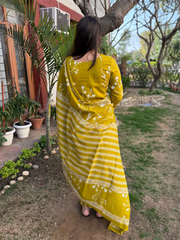 Neon Green Floral A-line Full Suit Set from the back by MySanskritam