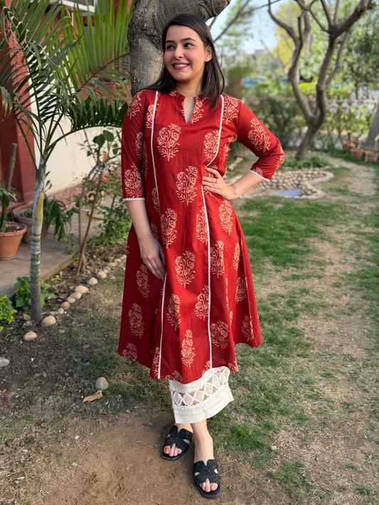 Rust Buta Aline kurta with pocket
