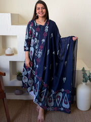 Dark blue ikkat aline kurta with duppata