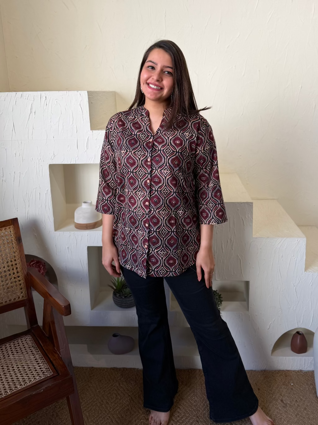 Coffee Ajrakh Shirt by MySanskritam