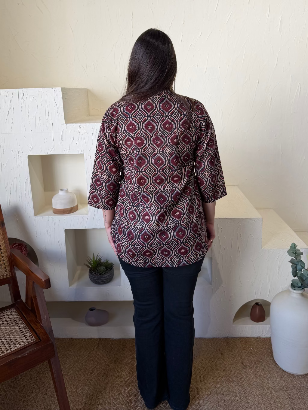 Coffee Ajrakh Shirt from the back by MySanskritam